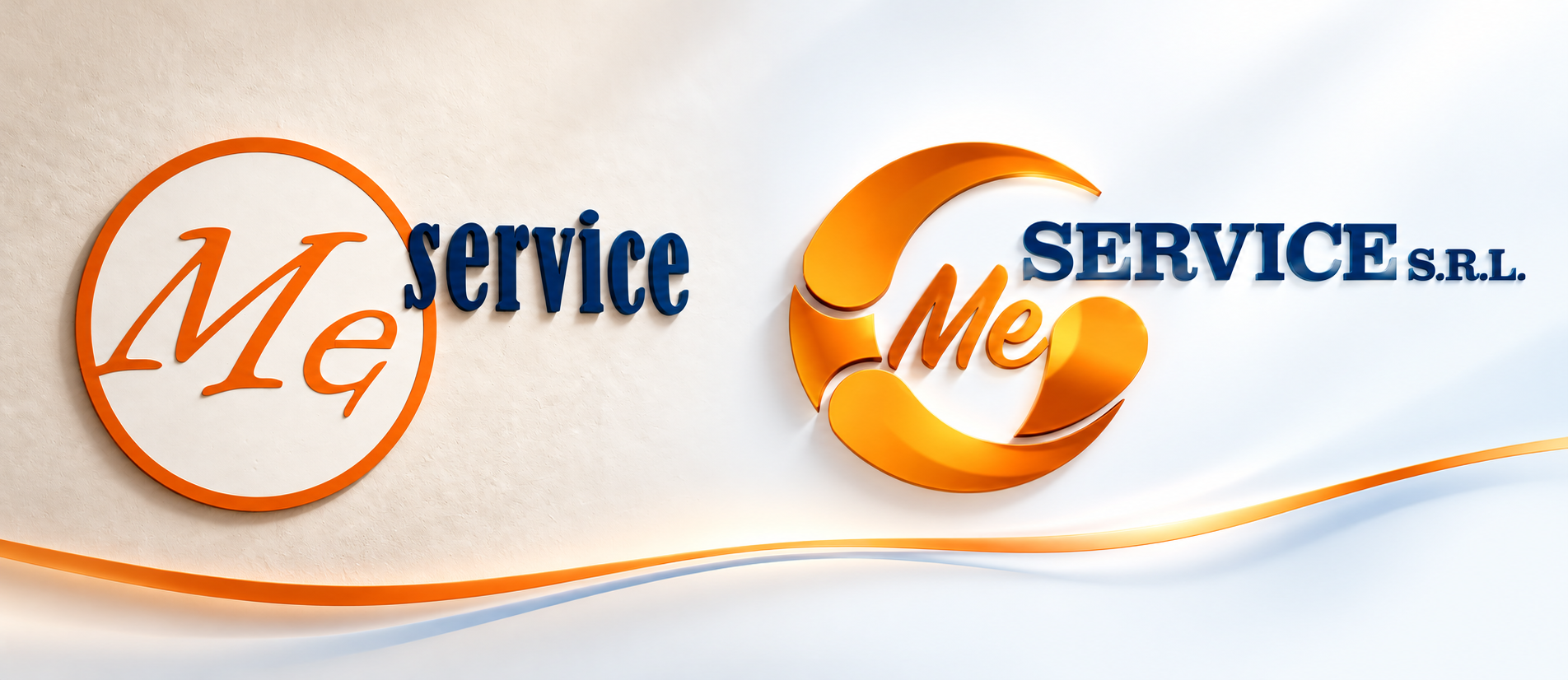 L’evoluzione di Me Service: l’insegna storica con Me arancione e service blu a sinistra, il nuovo logo Me Service S.R.L. a destra, uniti da un nastro arancione